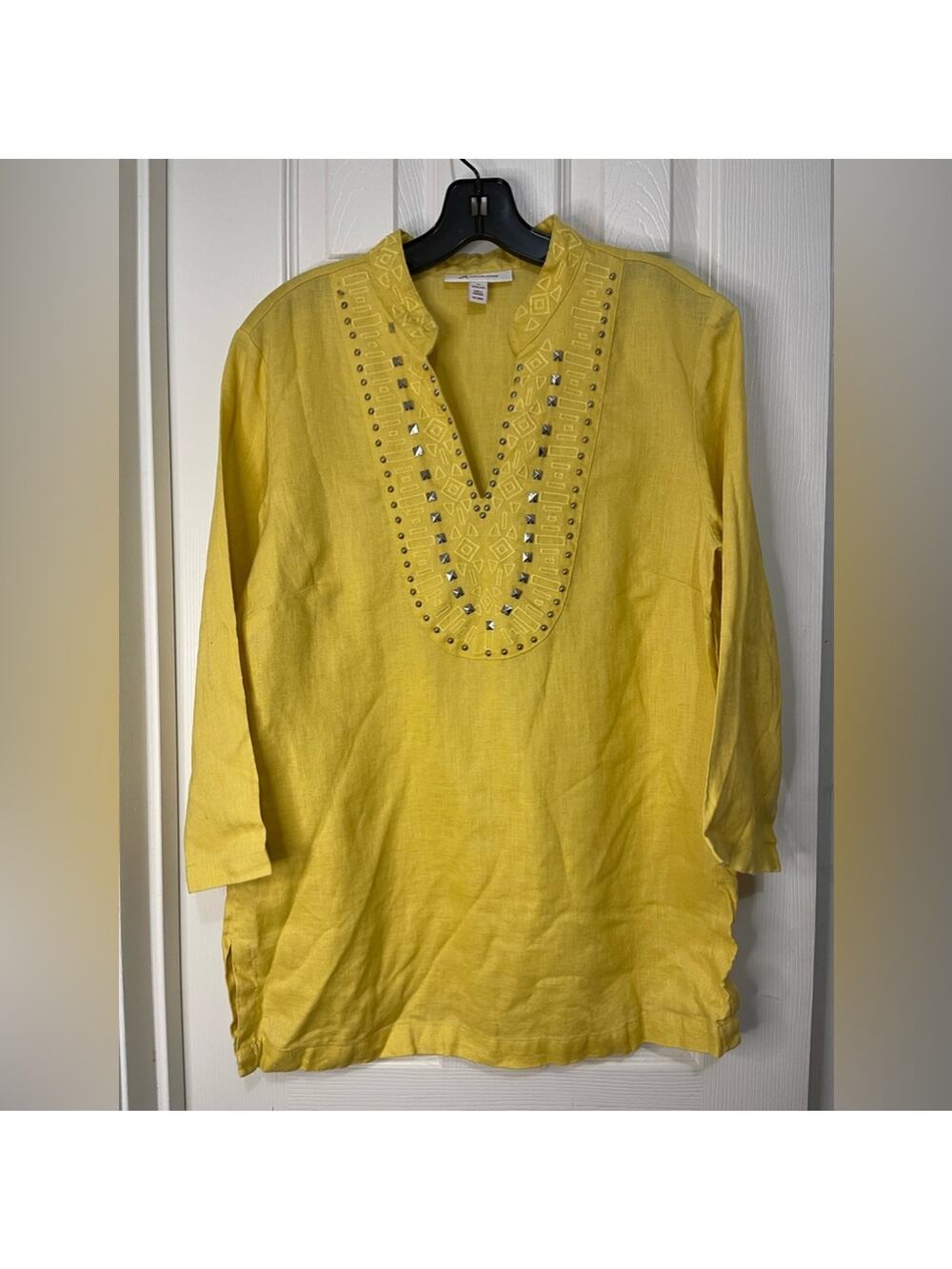 JM Collection Mustard Yellow Studded 100% Linen Tunic size 10